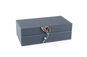 Mavi Çiçek Kulplu Deri Kutu 25x14x9cm