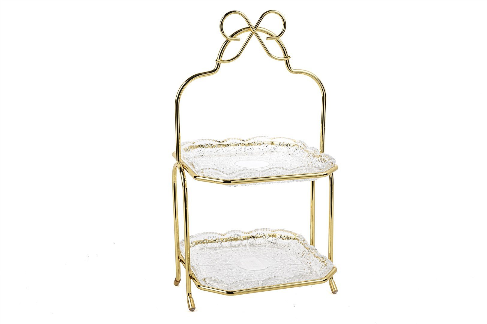 Gold Fiyonk Kulplu Cam 2Katlı Servislik 36x17cm