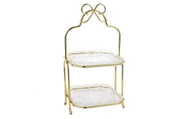 Gold Fiyonk Kulplu Cam 2Katlı Servislik 36x17cm