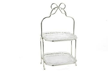 Sİlver Fiyonk Kulplu Cam 2Katlı Servislik 36x17cm