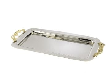 Gold Kulplu Gümüş Dik Tepsi 49x27cm