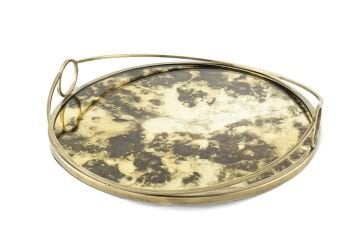 Antik Gold Yuvarlak Camlı Metal Tepsi 40x8cm