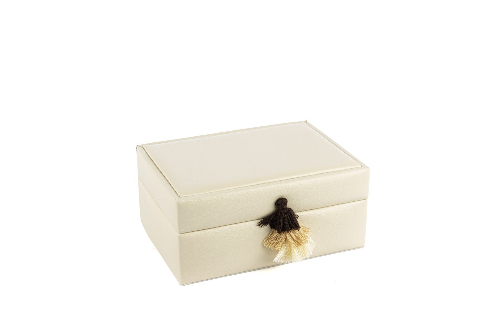Krem Püsküllü Deri Dek Kutu 18x13x9cm