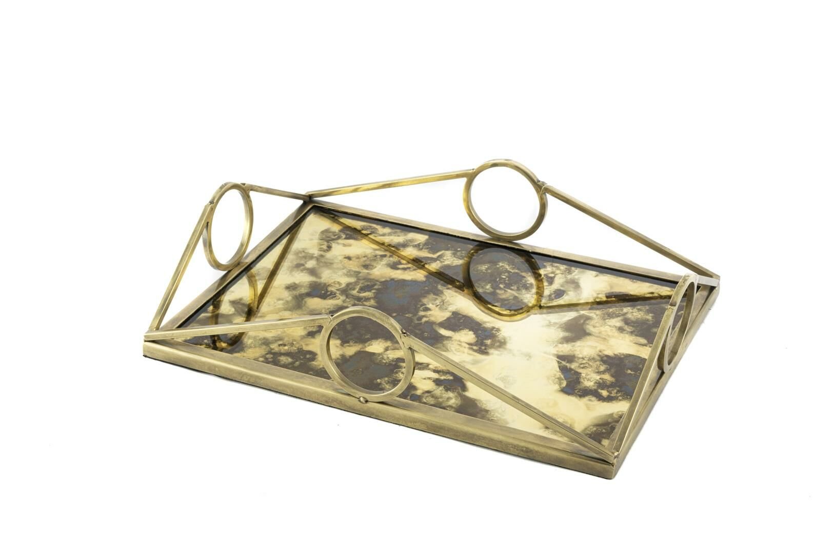 Antik Gold Dik Camlı Metal Tepsi 33x23x8cm