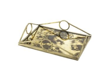 Antik Gold Dik Camlı Metal Tepsi 33x23x8cm
