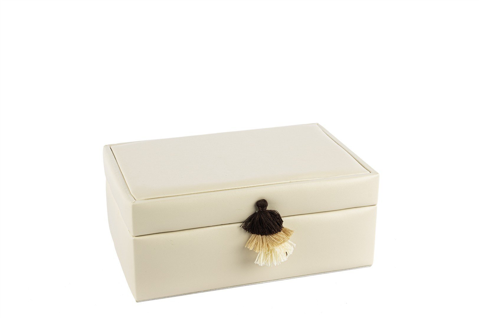 Krem Püsküllü Deri Dek Kutu 23x15x10cm
