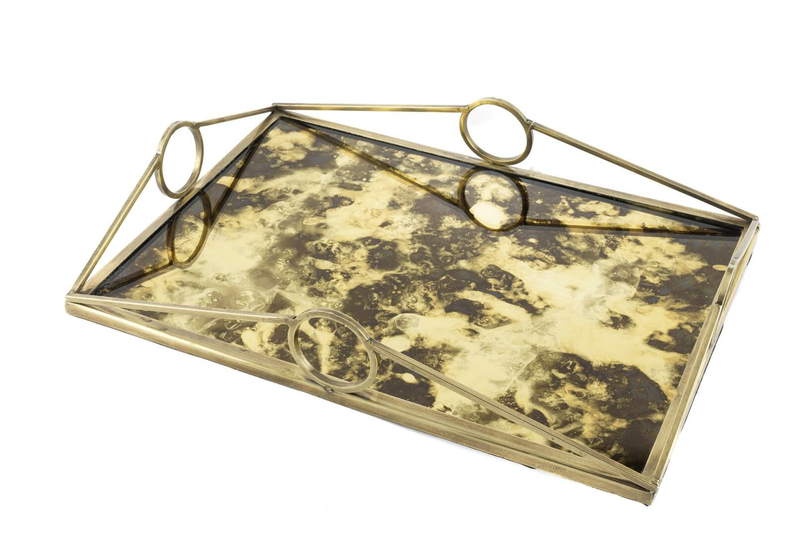 Antik Gold Dik Camlı Metal Tepsi 43x29x8cm