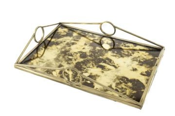 Antik Gold Dik Camlı Metal Tepsi 43x29x8cm