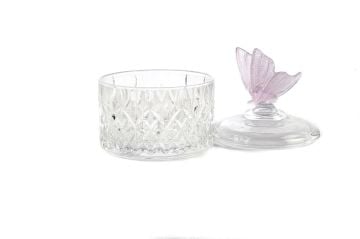 Lila Kelebekli Kapaklı Cam Şekerlik 11x15cm