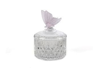 Lila Kelebekli Kapaklı Cam Şekerlik 11x15cm