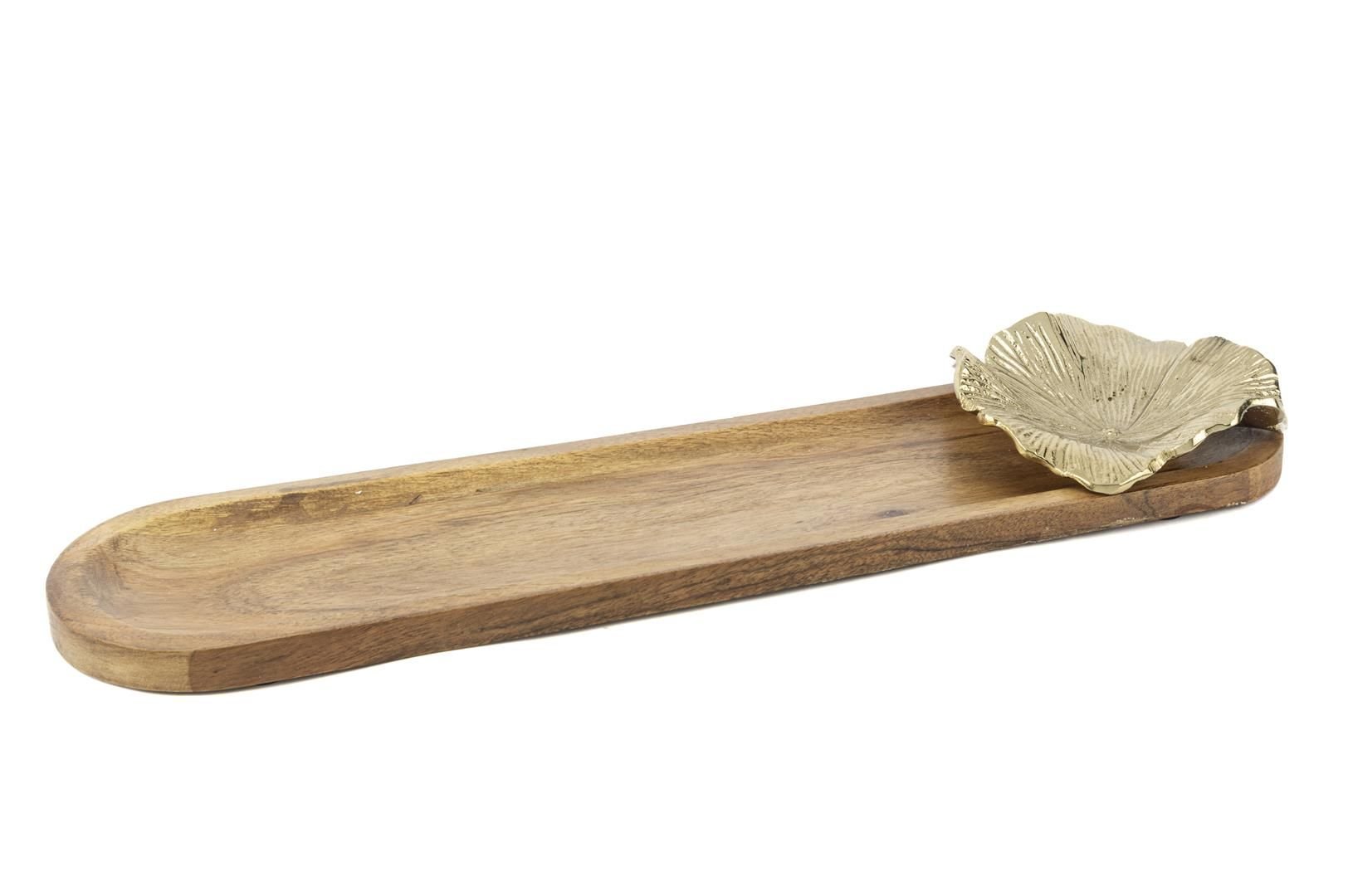 Gold Metal Çiçekli Ahşap Dek Tabak 51x13cm