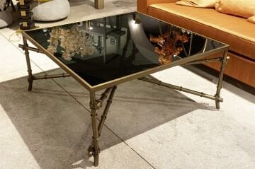 Siyah Beyaz Camlı Antik Bronz Sehpa 100x100x46cm