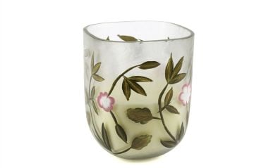 Beyaz Cam Çiçek Desenli Mum 14x18cm