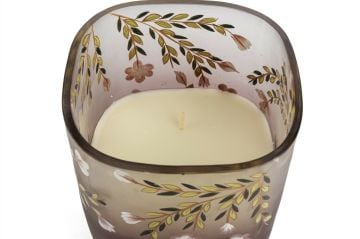 Mor Cam Çiçek Desenli Mum 14x18cm