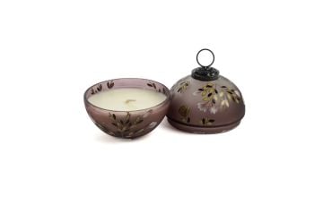 Mor Cam Çiçek Desenli Mum 9x10cm