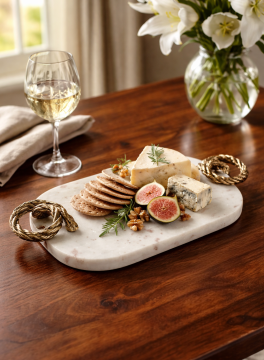 Bronz Halat Kulplu Beyaz Mermer Oval Tepsi 58x28cm