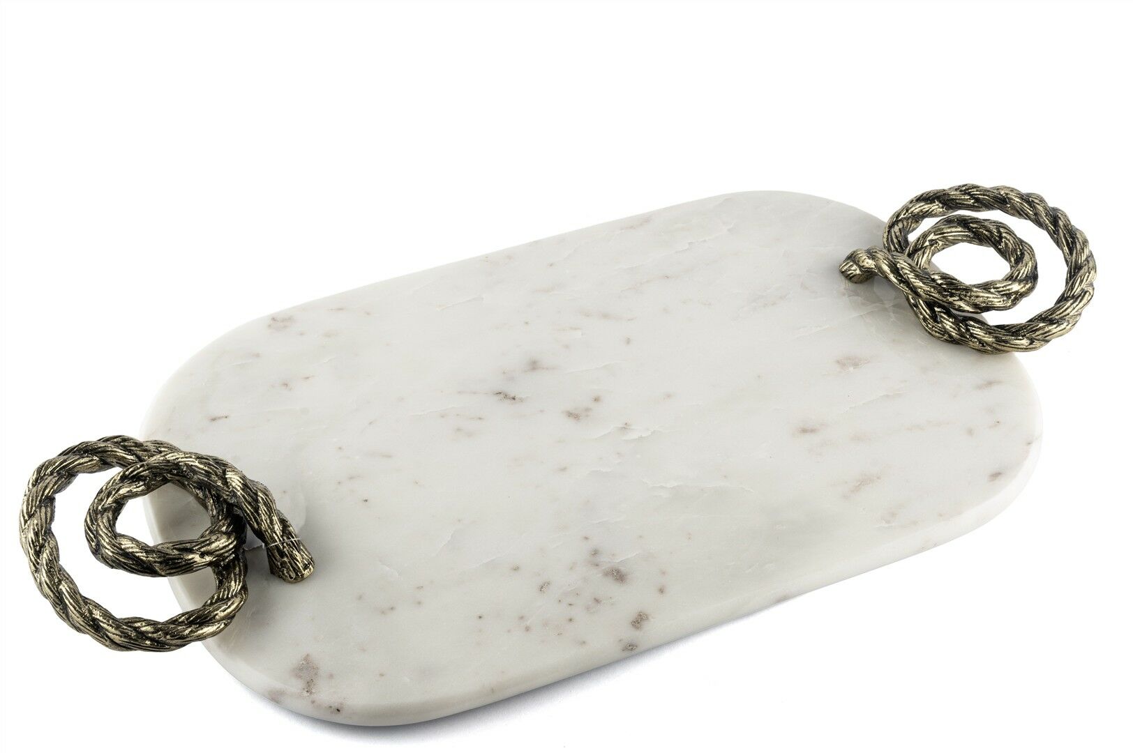 Bronz Halat Kulplu Beyaz Mermer Oval Tepsi 58x28cm