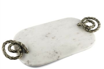 Bronz Halat Kulplu Beyaz Mermer Oval Tepsi 58x28cm