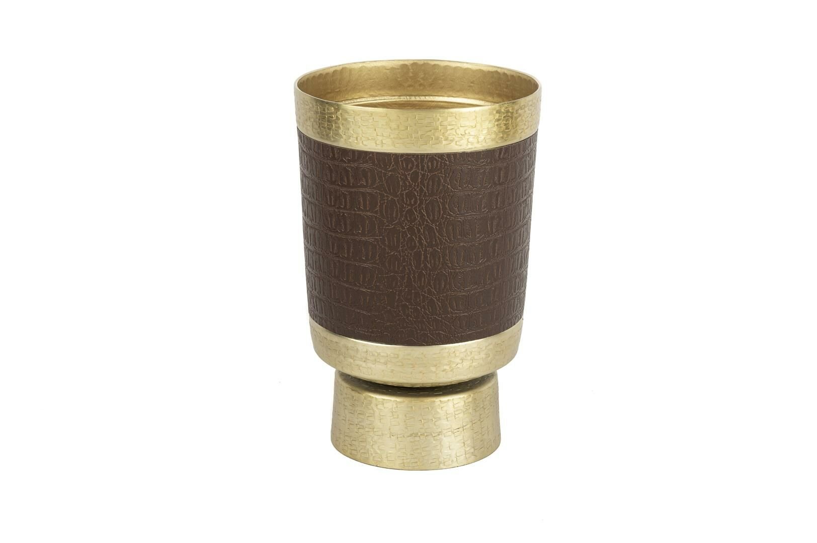 Gold Kahve Deri Kaplı Metal Vazo 19x30cm
