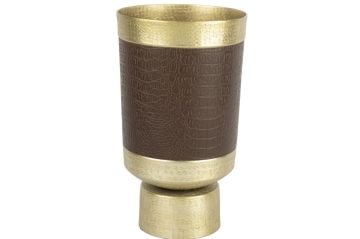 Gold Kahve Deri Kaplı Metal Vazo 24x40cm