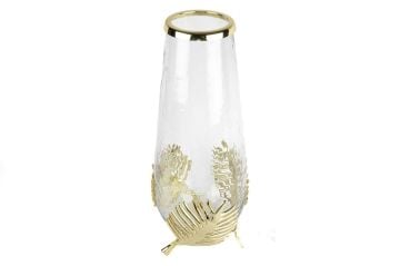 Gold Metal Yapraklı Cam Vazo 17x42cm