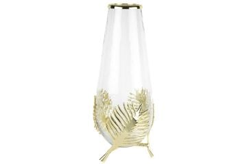 Gold Metal Yapraklı Cam Vazo 17x42cm