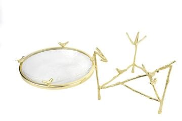 Gold Kuşlu Metal Ayaklı Cam Kase 25x21cm