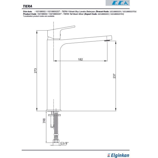 Eca Tiera Yüksek Tip Lavabo Bataryası 102188002