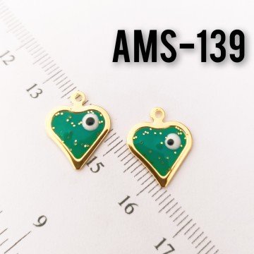 AMS-139 Altın Kaplama Simli Gözlü Yeşil Mineli Kalp Sallantı
