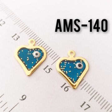 AMS-140 Altın Kaplama Simli Gözlü Gece Mavi Mineli Kalp Sallantı