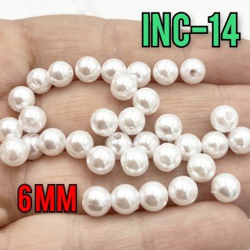 İNC-14 Beyaz Renk Yuvarlak Lüx Plastik İnci 6 mm