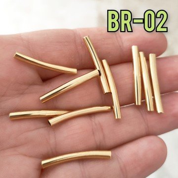 BR-02 24 Ayar Altın Kaplama Pirinç Eğri Boru Boncuk 25 x 3 mm