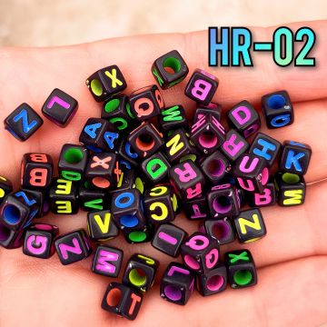 HR-02 Siyah Küp Neon Yazılı Karışık Plastik Harf Boncuk 6 mm