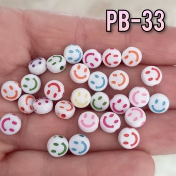 Pb-33 Beyaz Üzeri Karışık Renk Çizimli Smile Plastik Yassı Boncuk 7 mm