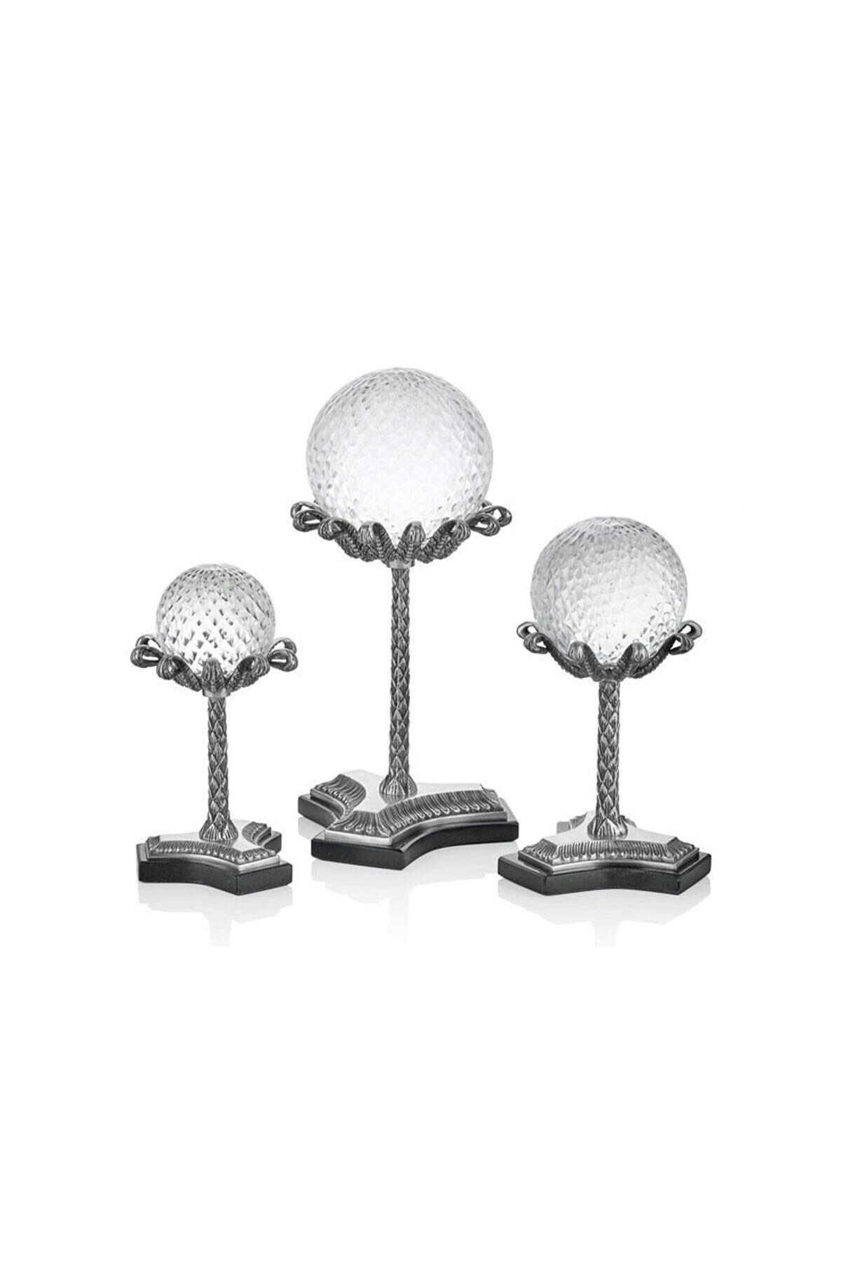 Uzun Gövdeli Gümüş Renk Dekoratif 3 Lü Toplar 14x14x32 - 14x14x25.5 - 8.5x8.5x20 CM (2)