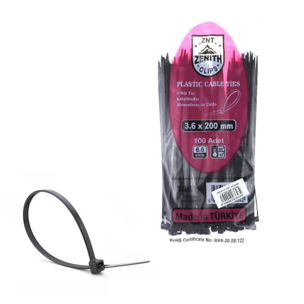 ZENITH KABLO BAĞI & CIRT KELEPÇE 3,6*200 MM SİYAH PK:100