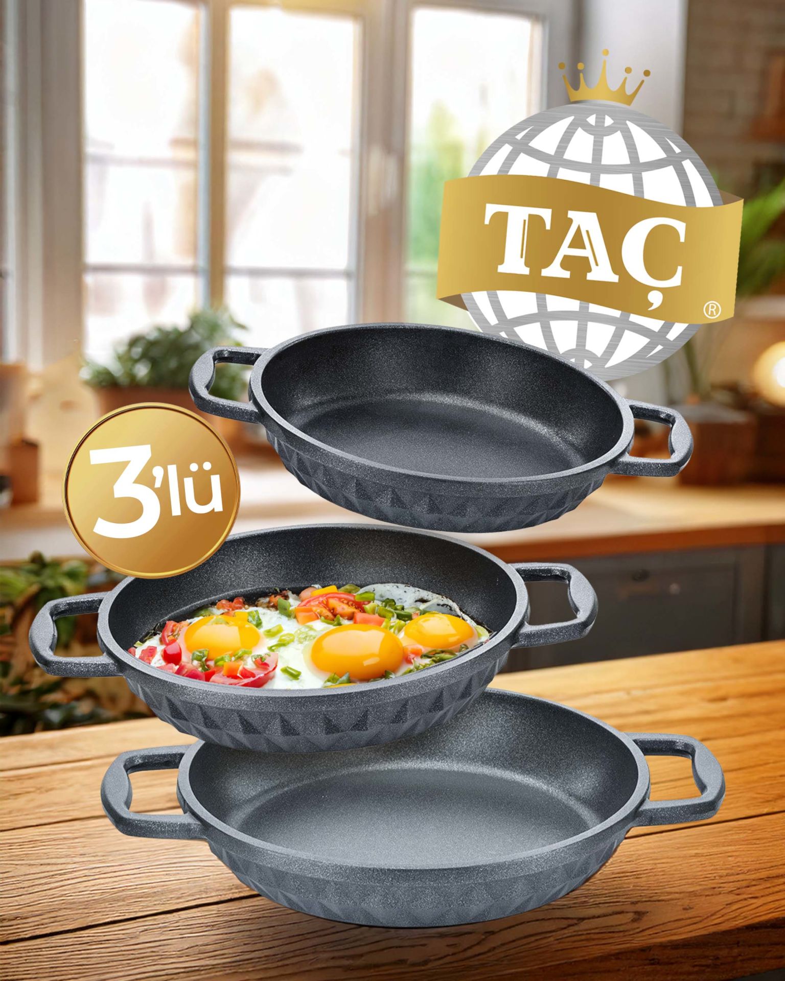 TAÇ BELLA DÖKÜM 3 LÜ SAHAN SET SİYAH 18-20-22 CM 8029