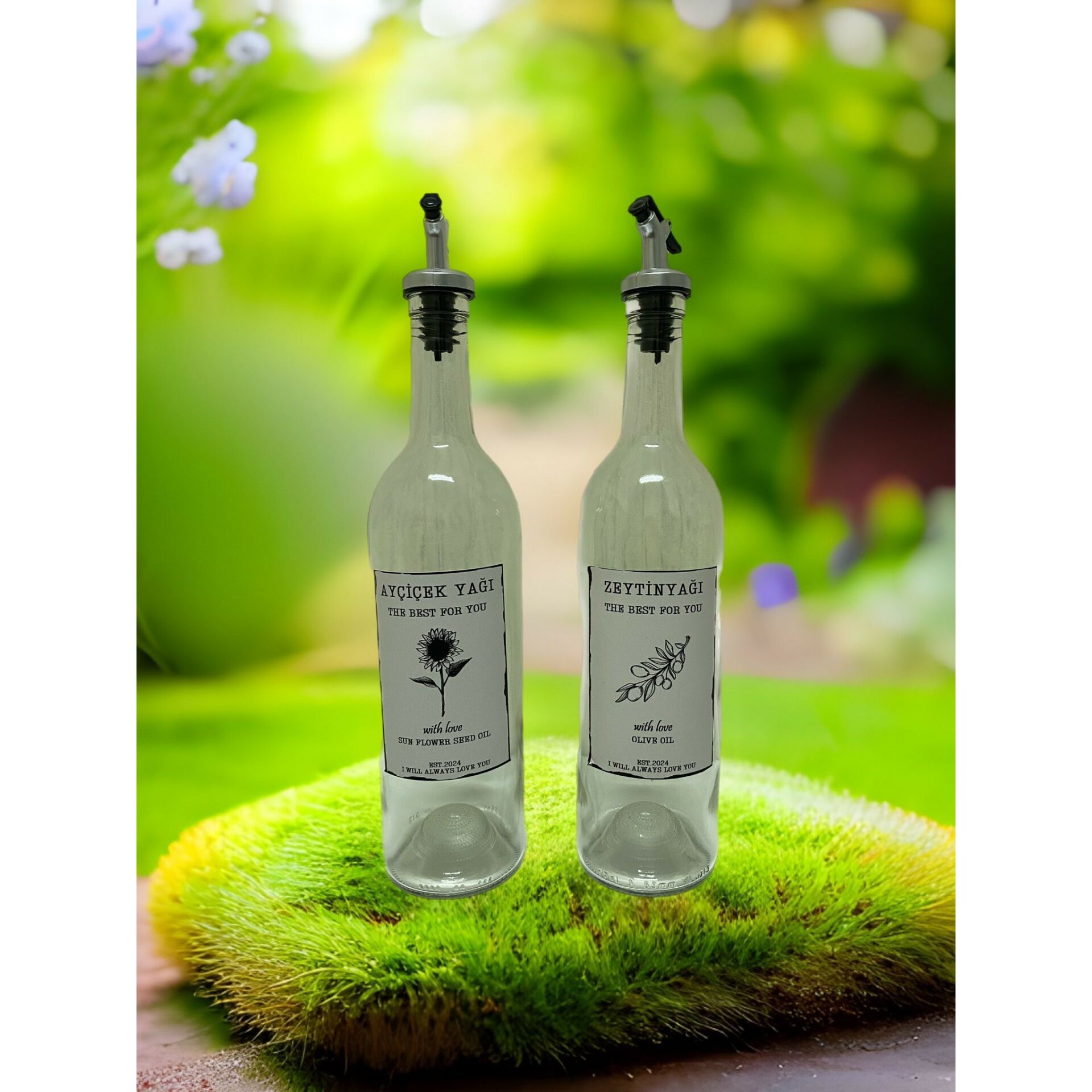 With Love 2x750 ML Şeffaf Zeytinyağı ve Ayçiçek Yağı Şişesi Yağdanlık