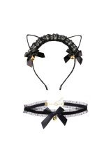 Anime Cosplay Kedi Kulaklı Siyah Taç Çanlı Kedi Kulak Taç Ve Choker Zilli Tasma Kolye Set