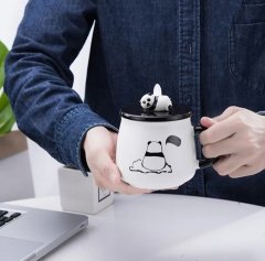 Seramik Sevimli Panda Kapaklı Kaşıklı Kupa Bardak