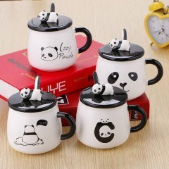Seramik Sevimli Panda Kapaklı Kaşıklı Kupa Bardak