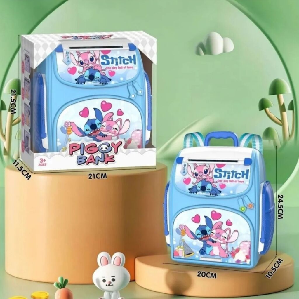 Stitch Parmak İzli Şifreli Otomatik Kağıt Para Alan Atm Kasa Kumbara Stitch Okul Çantası