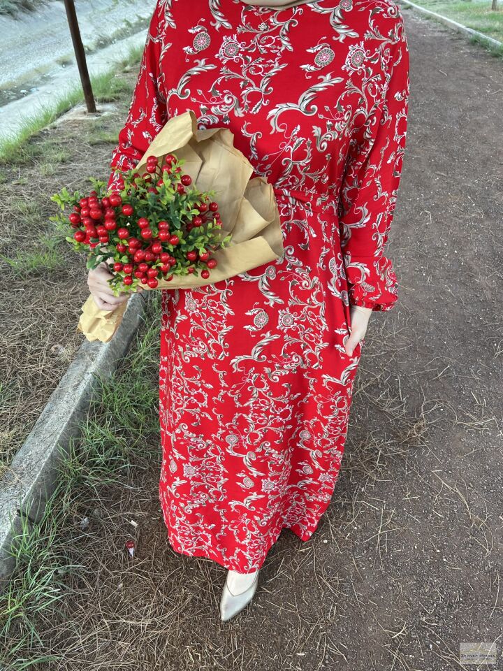 Flowers Kırmızı Pamuk Elbise