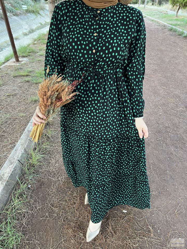 Yeşil  Puantiyeli  Pamuk Elbise