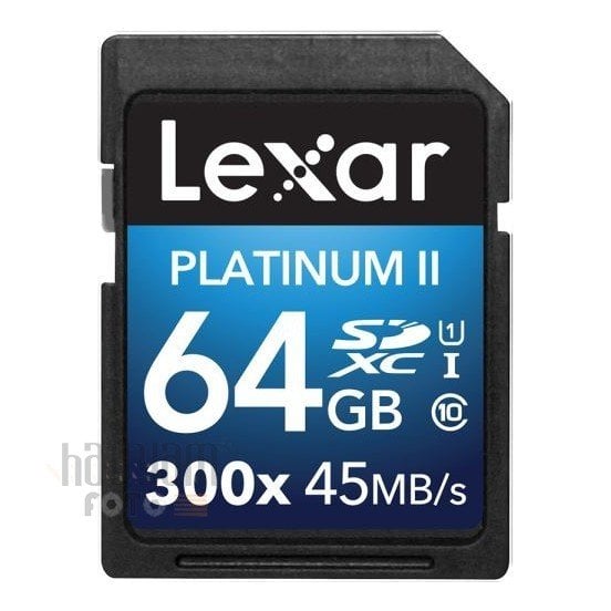 64GB Lexar® Platinum II 300x SDHC/SDXC™ UHS-I cards, up to 45MB/s read