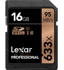 16GB Lexar® Professional 633x SDHC™/SDXC™ UHS-I cards,  up to 95MB/s read 20MB/s write