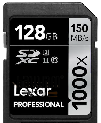 128GB Lexar® Professional 1000x SDHC™/SDXC™ UHS-II cards, up to 150MB/s read 90MB/s write