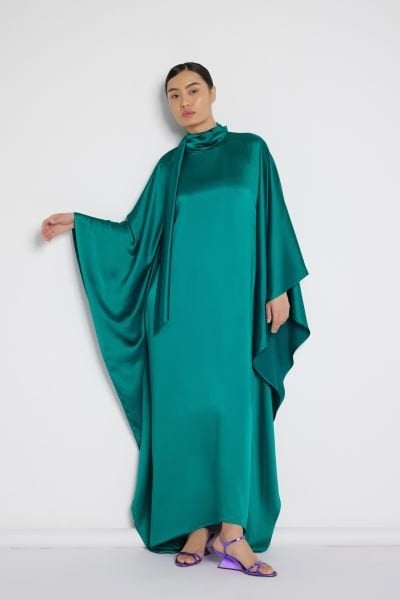 Boyun Bağlamalı Saten  Elbise Zümrüt Yeşili