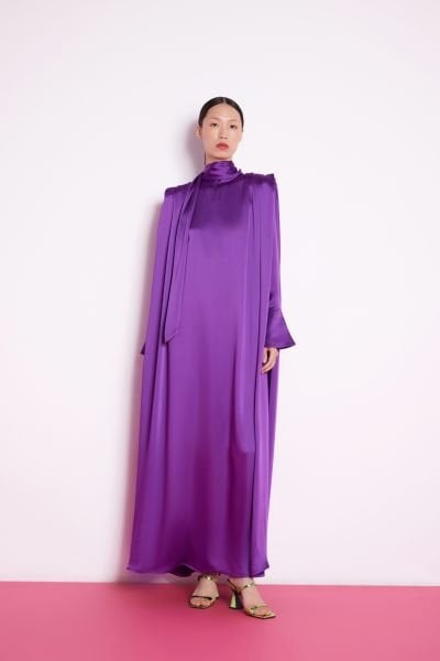 Satin Dress Cuff Sleeves Purple
