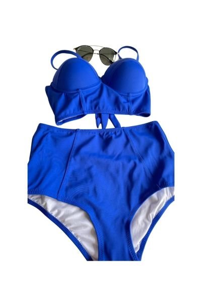 Saks Mavisi Yüksek Bel Bikini Alt Üst Takım